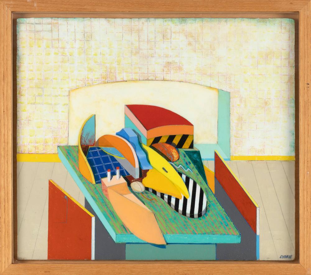 Frederick Lynch comparable auction result: frederick lynch america 1935 2016 table pieces contented acrylic on masonite 13 x 15 framed 15 x 17