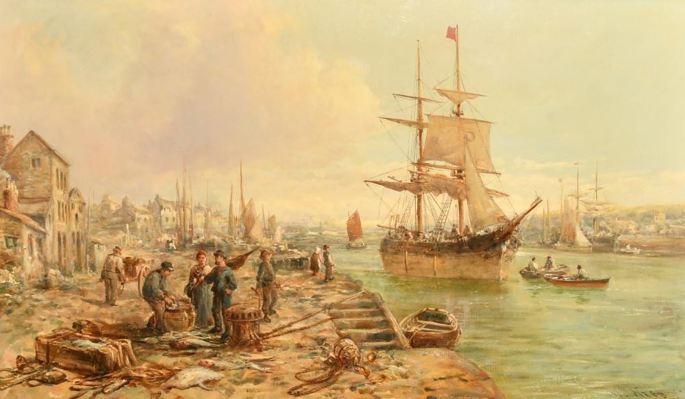 William Webb comparable auction result: william webb 1862 1903 british view on the dart figures conversing on a quay beside moored boats oil on