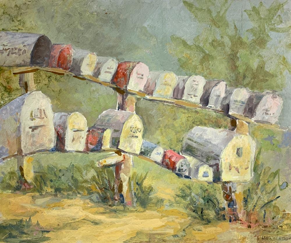 Eleanor Ferri Jones comparable auction result: eleanor ferri jones 1930 2008 mailboxes oil on panel