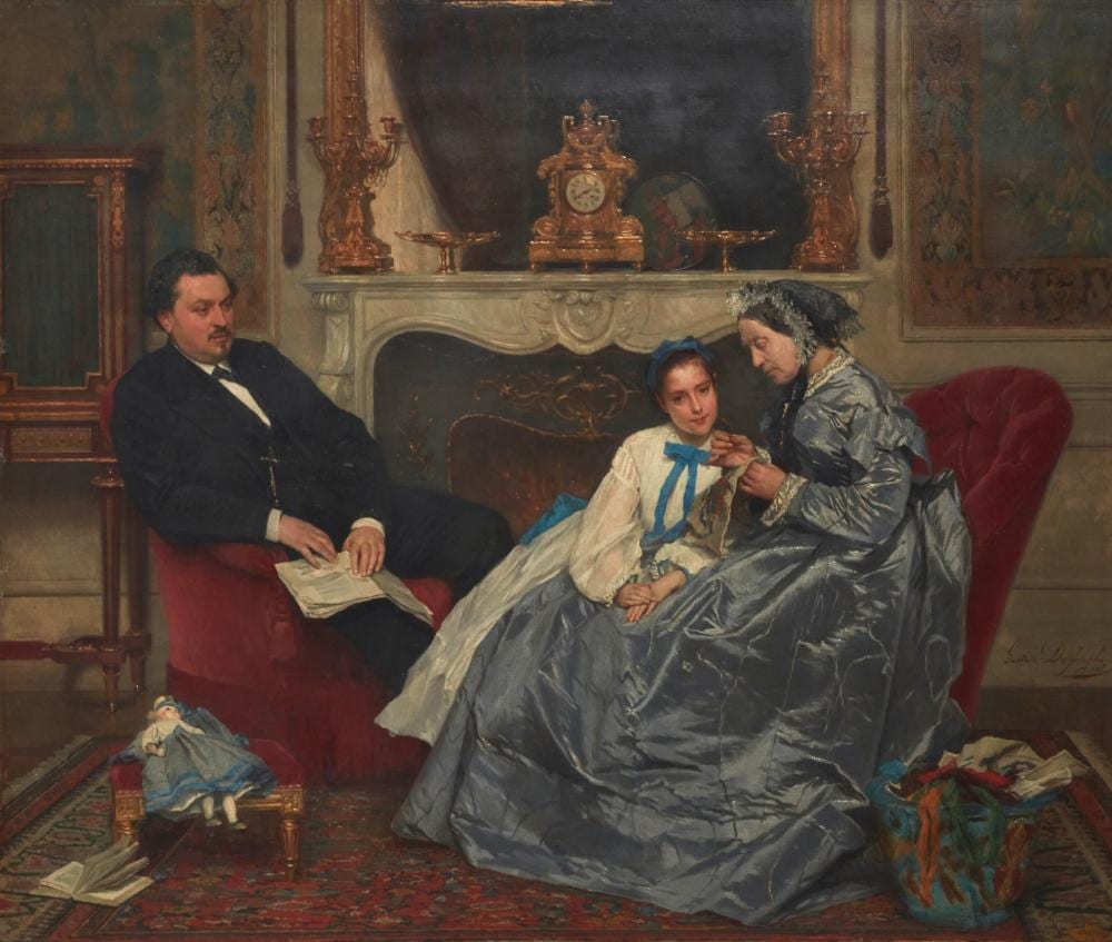 Gustave Léonard de Jonghe comparable auction result: gustave l onard de jonghe belgian 1829 1893 the embroidery lesson 1865 oil on board 25 x 29in 63 x 74cm