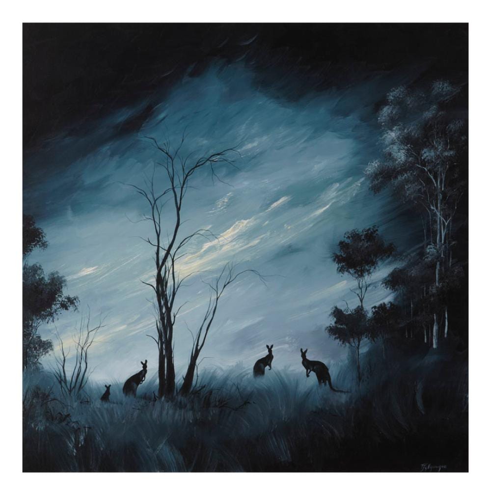 Lance Chadd comparable auction result: lance chadd tjyllyungoo kangaroo s at dusk synthetic polymer paint on canvas signed lower right 90 x 90cm frame size 107 x 107m