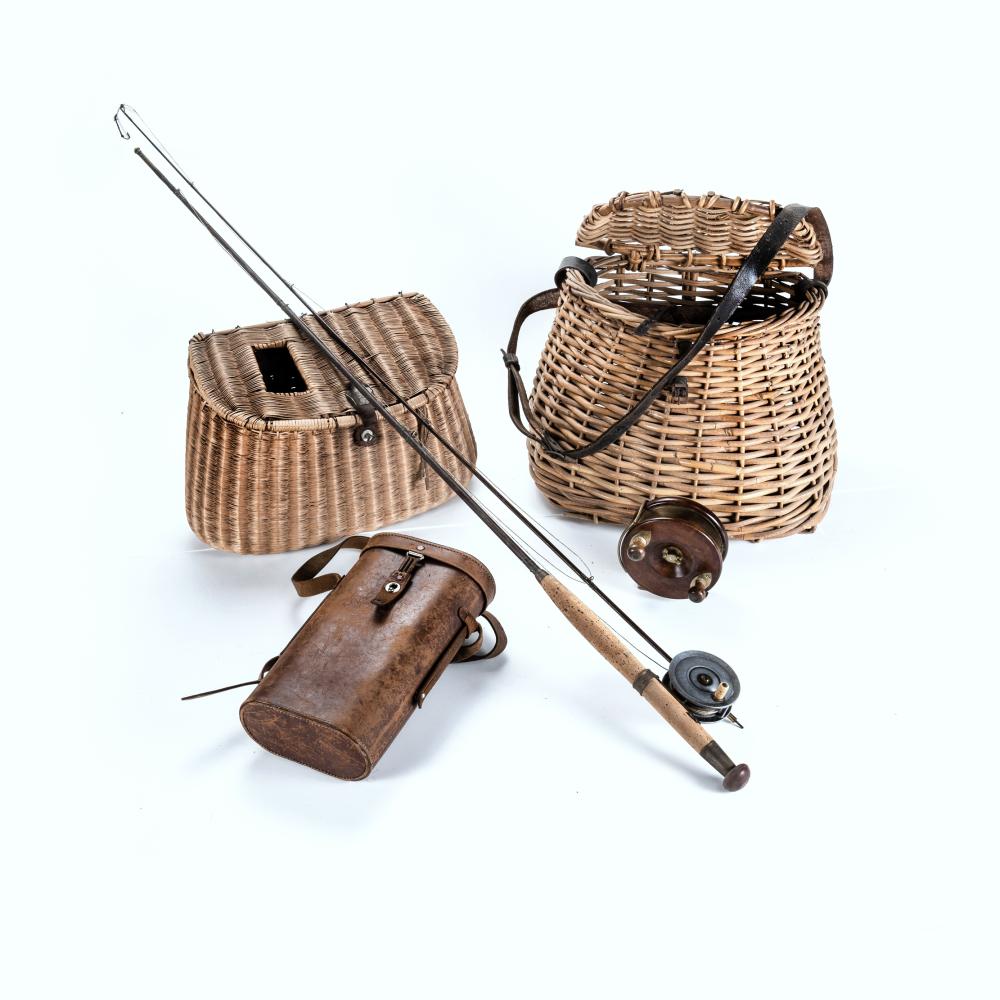 Westley Richards Fly Rod, Reel etc. Includes 7’7” two piece twist lock rod, round (not hex split cane), with Richards bag; Westley... sold by Davidson Auctions, lot 320 — auction record photograph