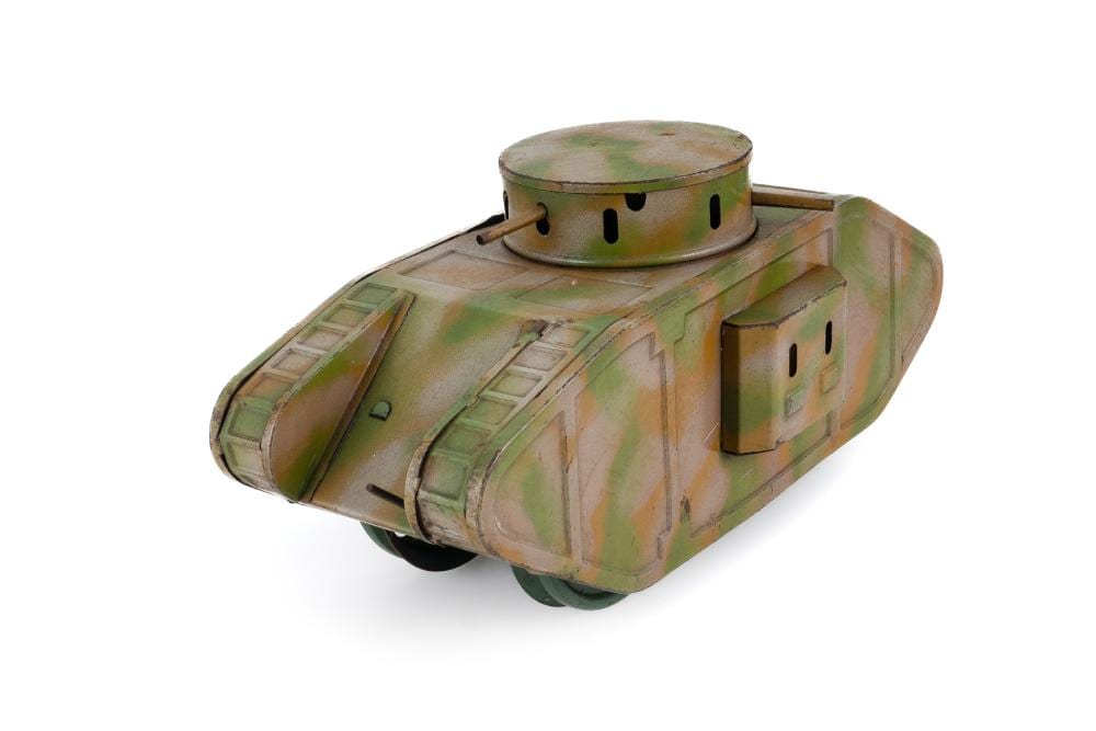 Willis Bing Davis comparable auction result: bing germany camouflage tinplate clockwork tank 1920s wwi british mk iv style hull with multi gun turret smaller more basic