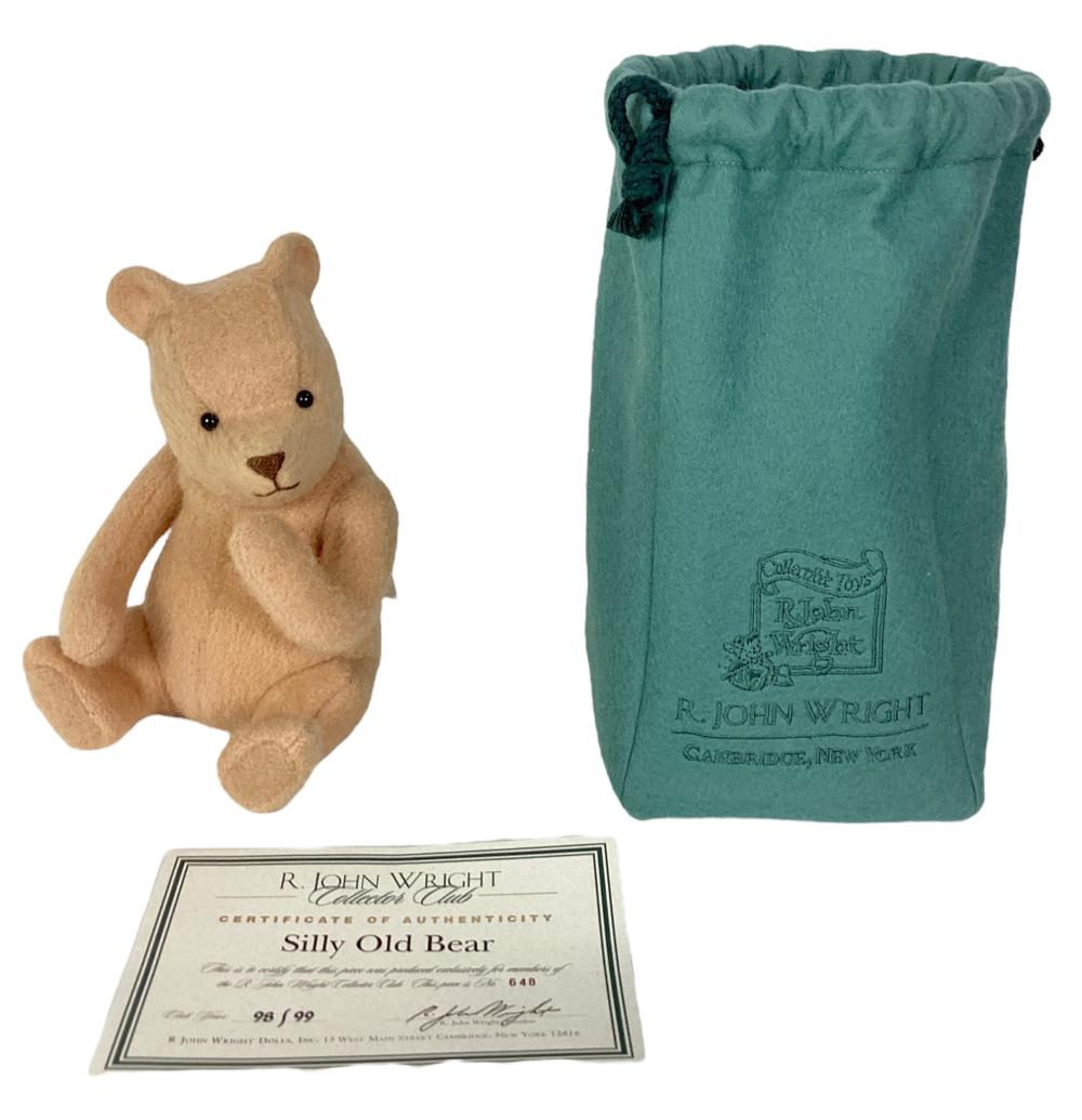 Auction comp thumbnail for R. John Wright Dolls, Collectible Toys, "Silly Old Bear", No.98/99. With COA and original bag. Bear and bag has a RJW button. (Apple Tree Auction Center, Lot 2776)