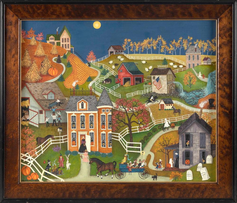LINDA NELSON STOCKS (America, 1938-2011), Halloween scene., Oil on canvas, 18" x 24". Framed 22" x 28". sold by Eldred's, lot 1288 — auction record photograph