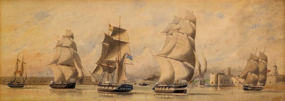 William Edward Atkins comparable auction result: william edward atkins british 1842 1910 a first rate firing a salute by the citadel portsmouth fifth rates of the royal navy exercise off portsmouth