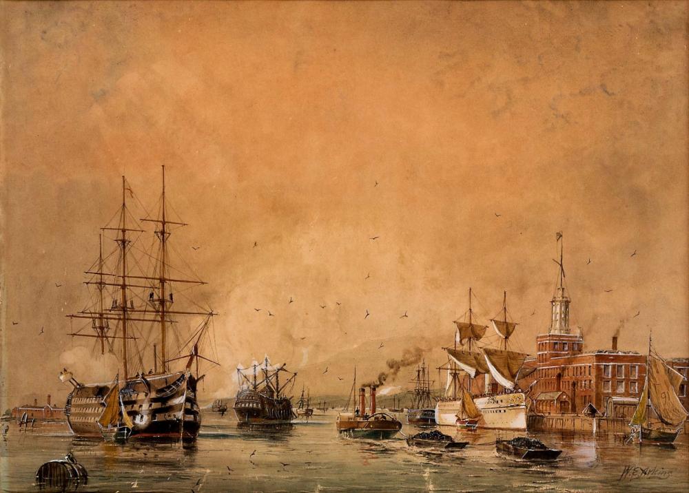 William Edward Atkins comparable auction result: william edward atkins british 1842 1910 mixed shipping off portsmouth with the troop ship jumna lying alongside the quay
