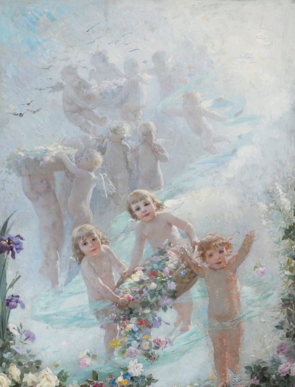 Arturo Michelena comparable auction result: arturo michelena venezuela 1863 1898 angels with flowers oil on canvas relined presents restorations signed in the lower right corner