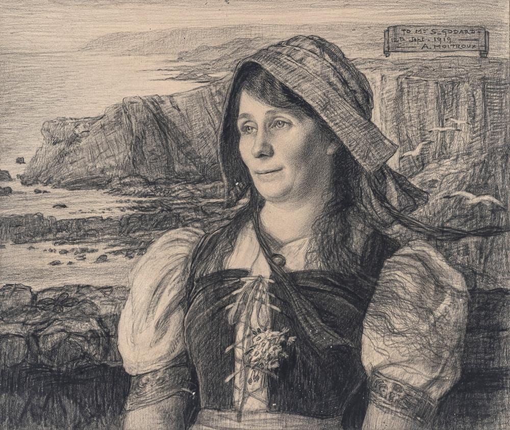Alfred Moitroux comparable auction result: alfred moitroux belgian 1886 1938 portrait of a woman in traditional flemish dress in a coastal landscape black crayon and pencil