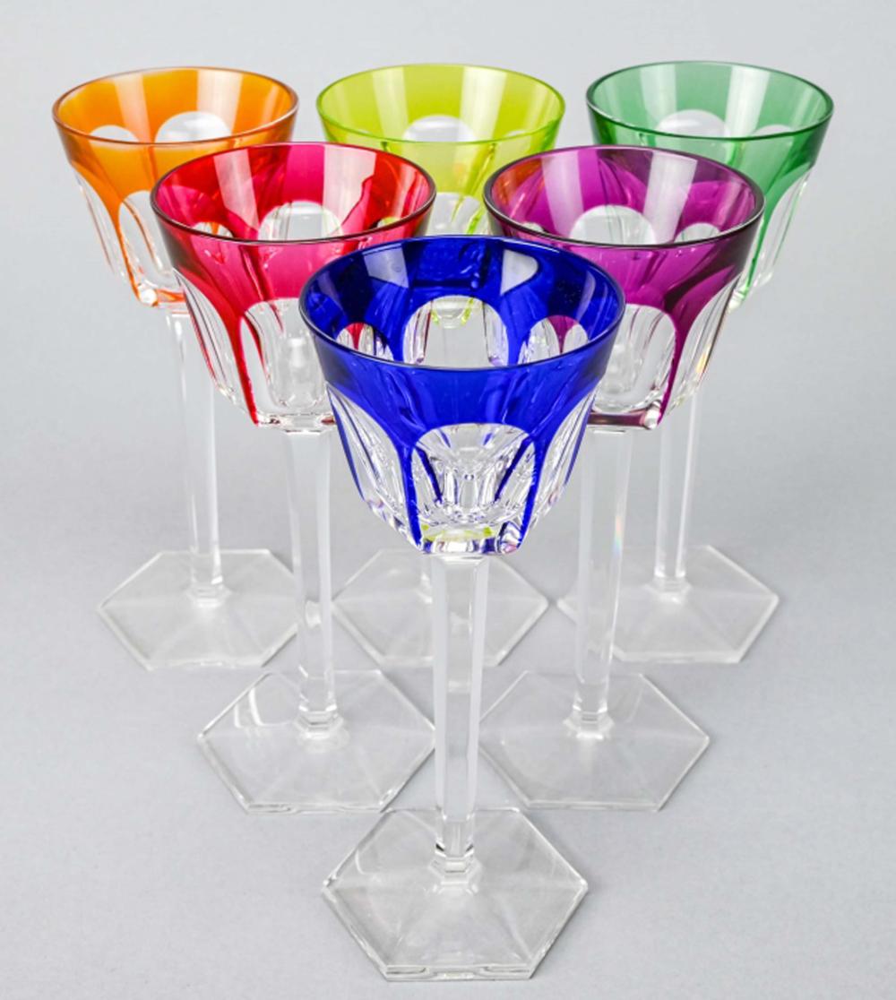 6 Baccarat Crystal Stem Colored Wine Glasses 6 Baccarat Crystal Stem Colored Wine Glasses. Measure sold by Greenwich Auction, lot 382 — auction record photograph