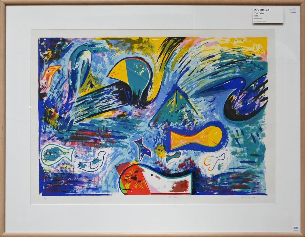 Rafael Gurvich comparable auction result: rafael gurvich the dove 1994 screenprint ed 3 80 59 x 83cm frame size 90 x 115cm provenance the national australia bank art