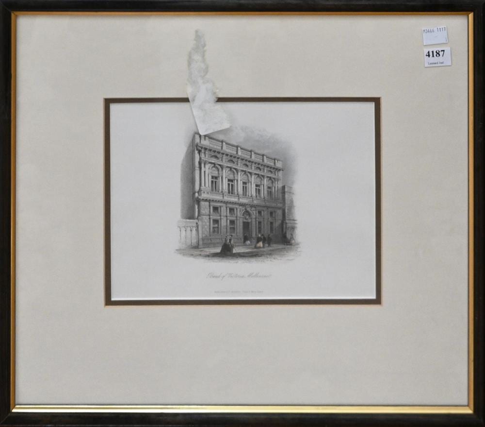 Arthur Willmore comparable auction result: arthur willmore bank of victoria melbourne engraving 13 x 11cm frame size 41 x 46 5cm provenance the national australia bank