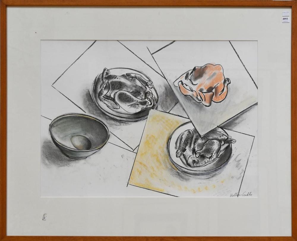 Robin Wallace-Crabbe comparable auction result: robin wallace crabbe egg and chickens charcoal and conte on paper signed lower right 54 x 75 cm frame size 83 5 x 102 cm p