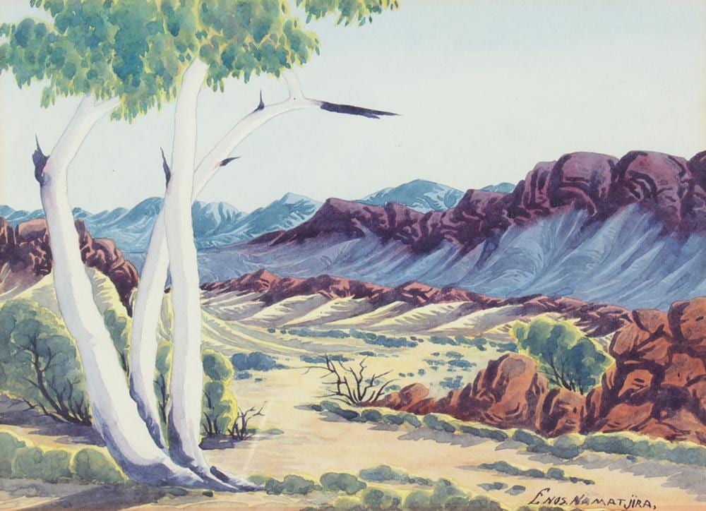 Enos Namatjira comparable auction result: enos namatjira central australian landscape watercolour