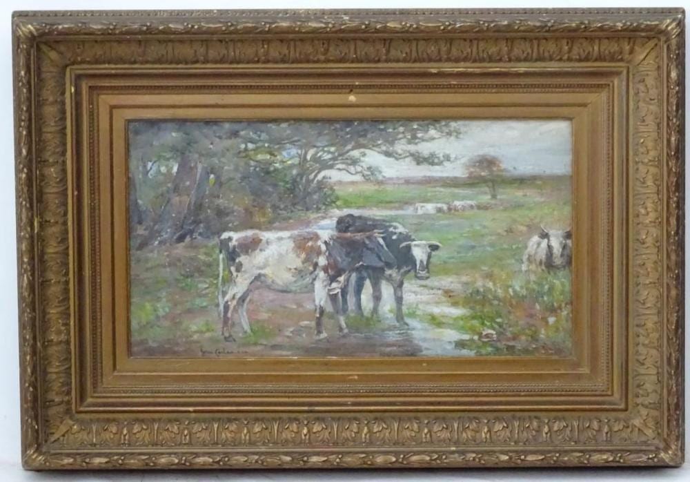 John Carlaw comparable auction result: john carlaw 1850 1934 english school oil on board a landscape with cattle near a river signed