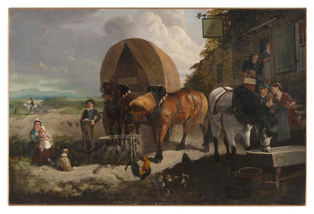 Henry Charles Woollett comparable auction result: henry charles woollett united kingdom 1826 1893 a caravan outside an inn oil on canvas 24 x 36 unframed