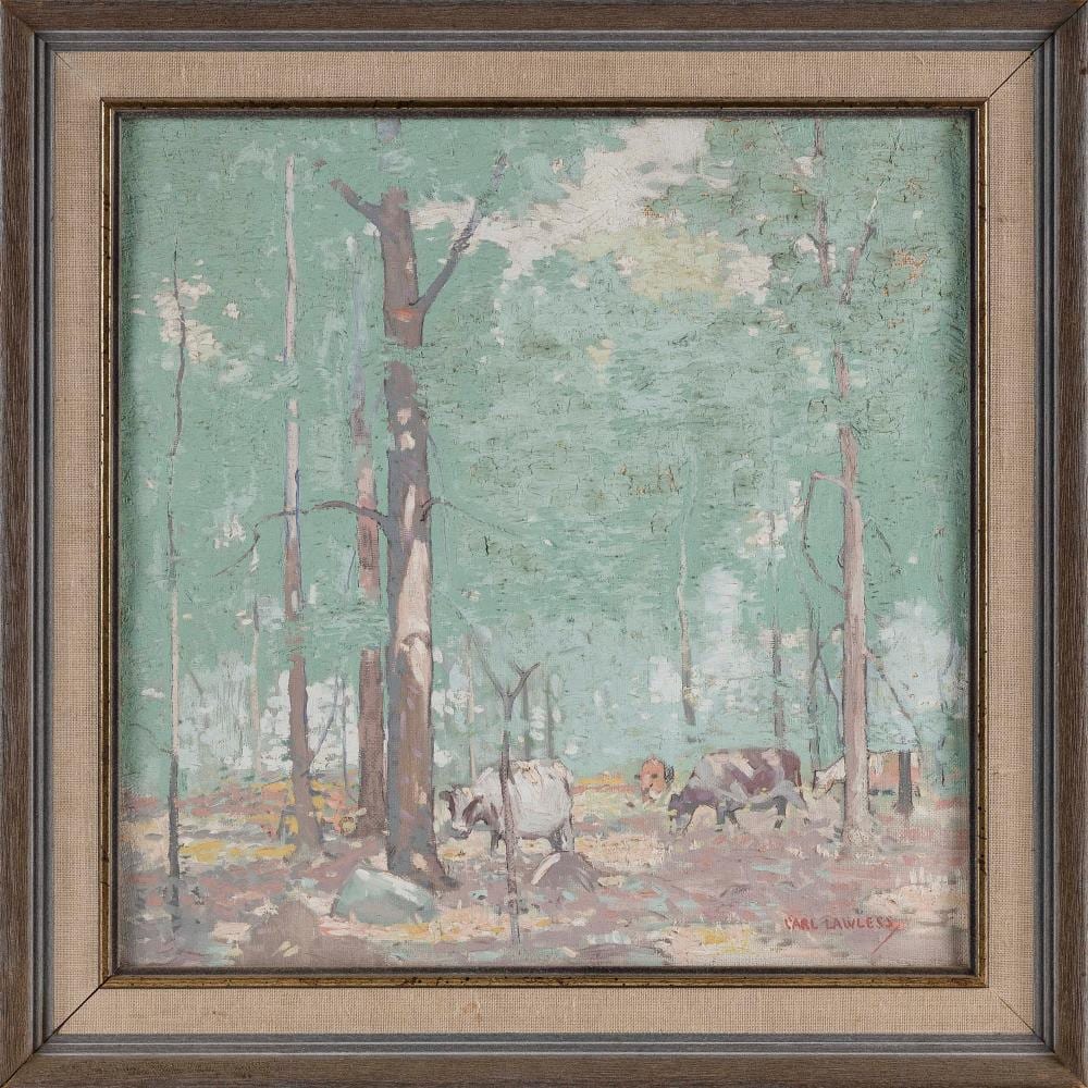 Carl Lawless comparable auction result: carl lawless connecticut pennsylvania illinois 1894 1964 cows in a wooded landscape oil on canvas 15 x 15 framed 19 x 19