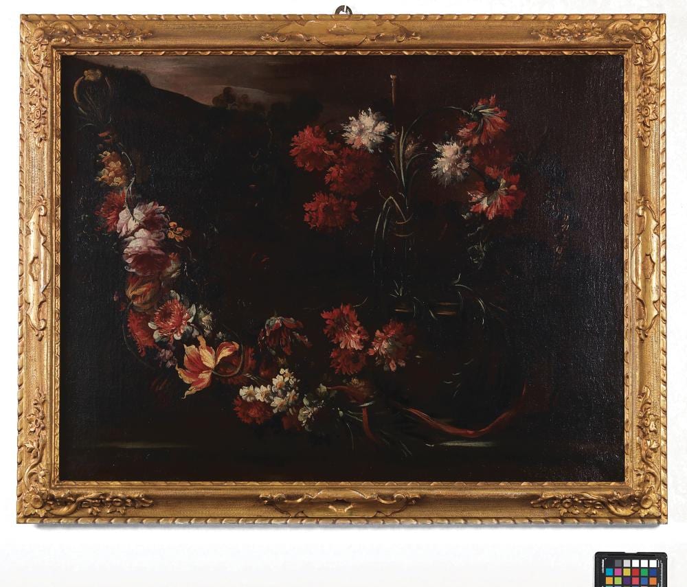 Margherita Caffi comparable auction result: still life with carnations in vase and garland of flowers