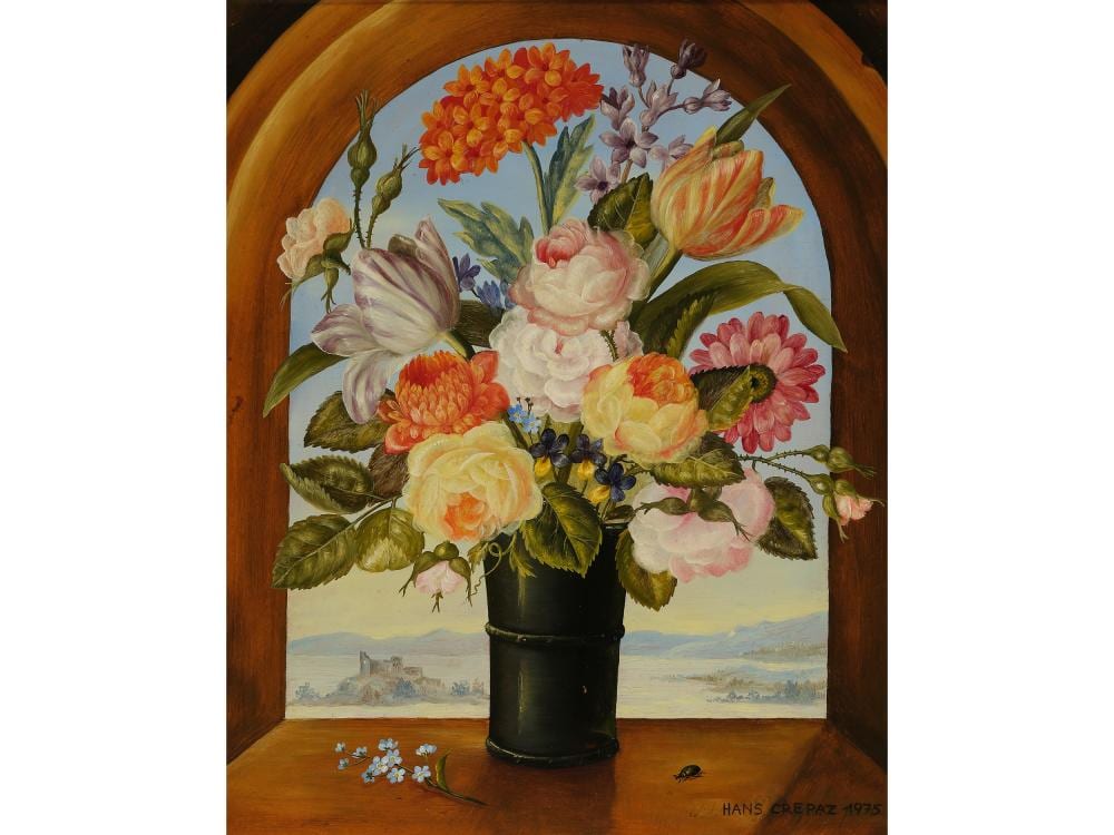 Hans Crepaz comparable auction result: hans crepaz born hall in tyrol 1938 still life in front of a wide view