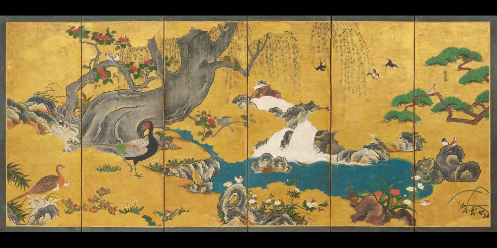 A SIX-PANEL KANO SCHOOL FOLDING SCREEN (BYOBU). sold by Koller Auctions, lot 467 — auction record photograph