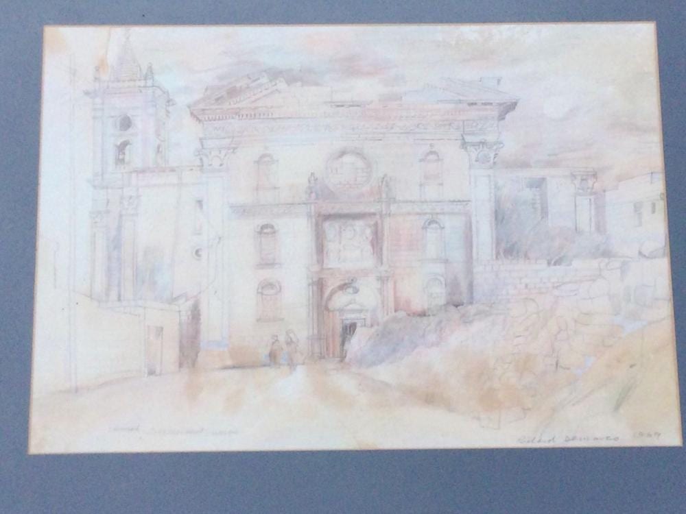 Richard Demarco comparable auction result: richard demarco pencil watercolours architectural building scene with figures titled church bir