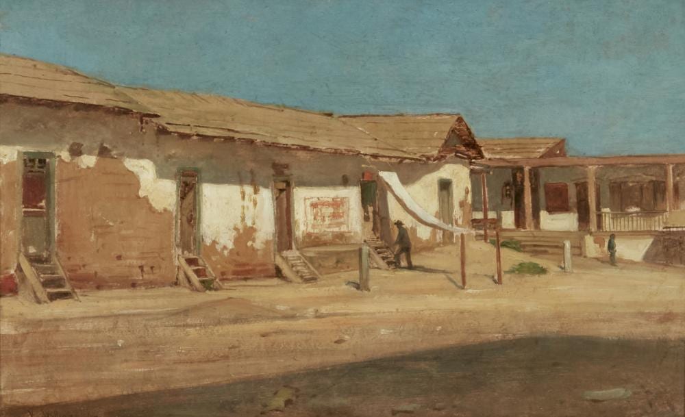 Virgil Williams comparable auction result: virgil williams 1830 1886 early los angeles adobe scene 9 x 14 in framed 16 x 22 in