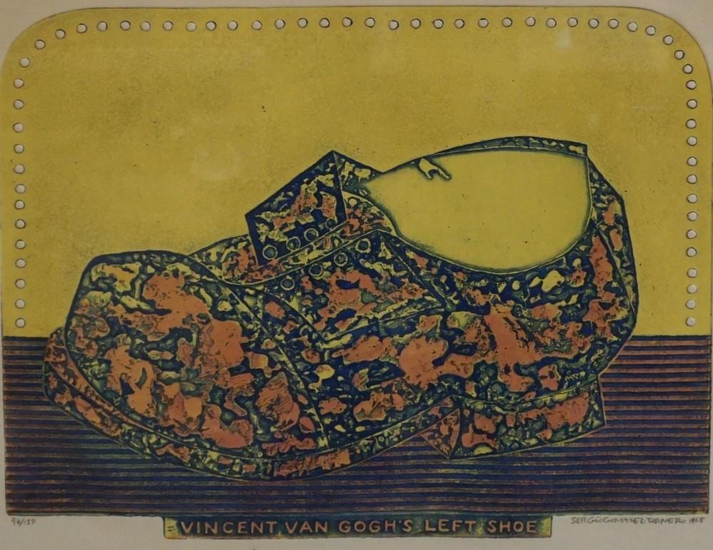 sergio gonzalez tornero chilean b 1929 vincent van gogh s left shoe etching and aquatint frame 20 1 2 x 24 1 2 in 52 07 x 62 23 cm · Weschler's · 2022-11-01 Sergio González Tornero comparable auction result: sergio gonzalez tornero chilean b 1929 vincent van gogh s left shoe etching and aquatint frame 20 1 2 x 24 1 2 in 52 07 x 62 23 cm