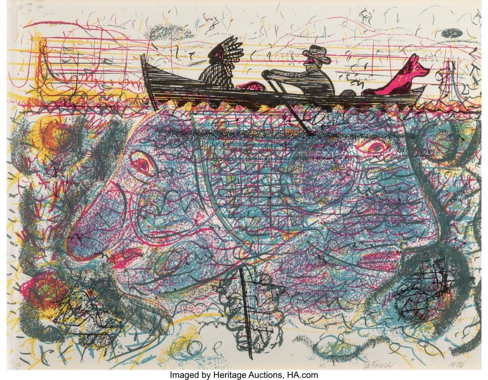 Roy Dean De Forest comparable auction result: roy dean de forest 1930 2007 chief man and dog in a row boat 1976 lithograph