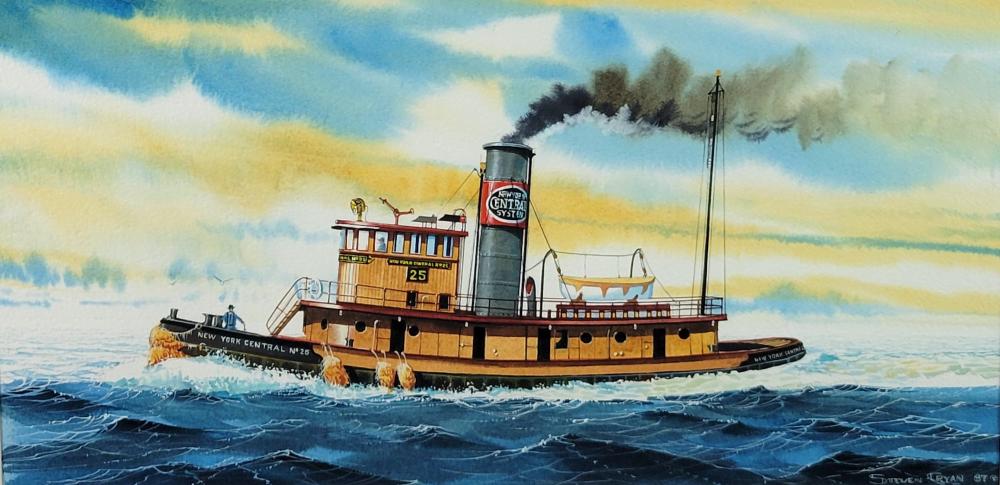 Steven Cryan comparable auction result: steven cryan watercolor and gouache painting of new york tugboat no 25