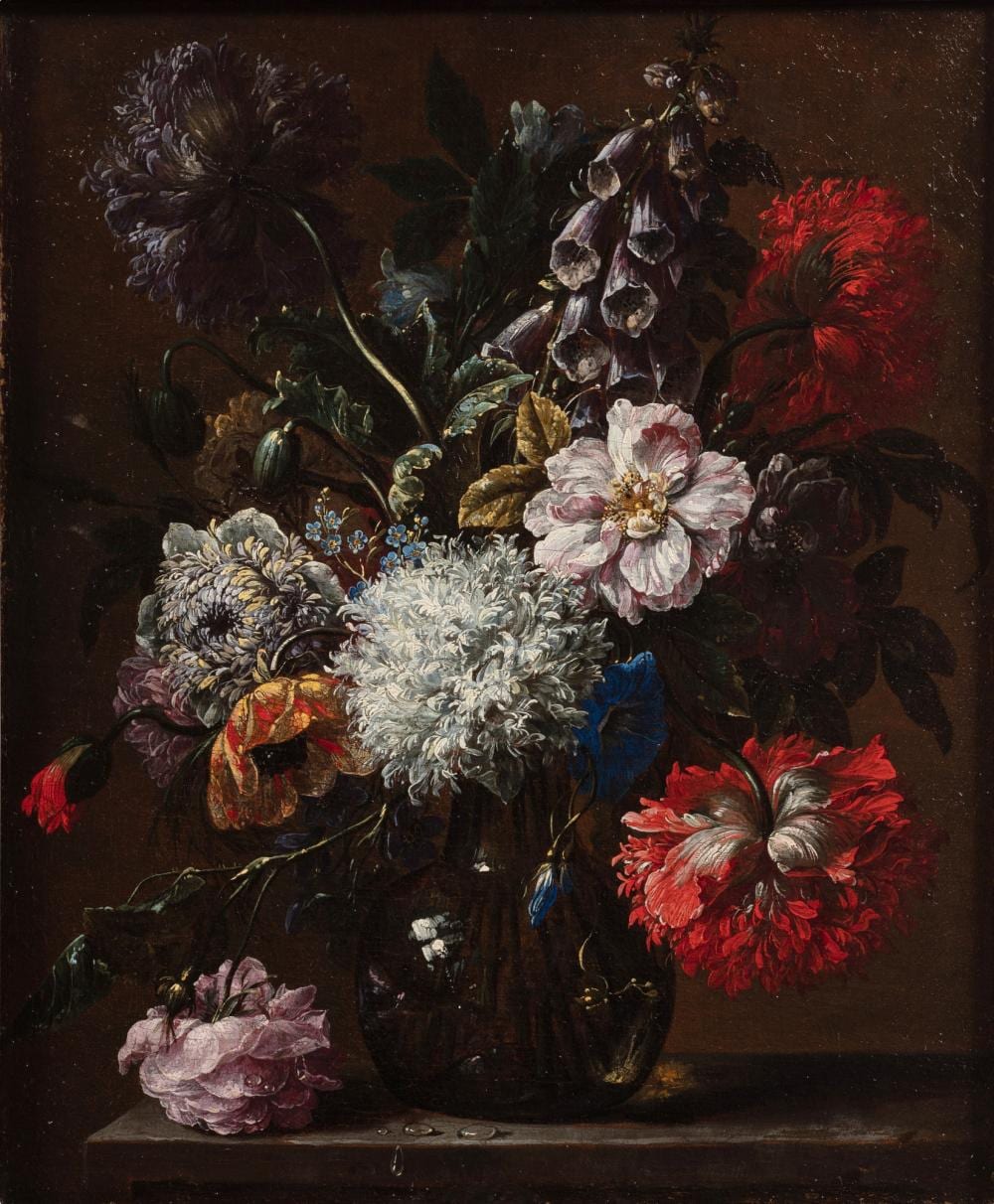 Gaspar Peeter (1664) Verbruggen comparable auction result: still life of flowers in a glass vase upon a stone table bouquet de fleurs dans un vase