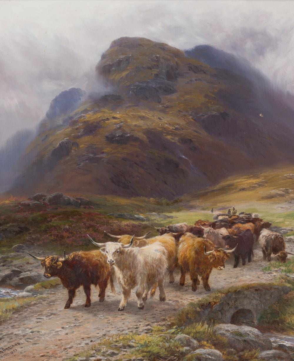 Henry Garland comparable auction result: henry garland british 1854 1890 west highland cattle leaving glencoe
