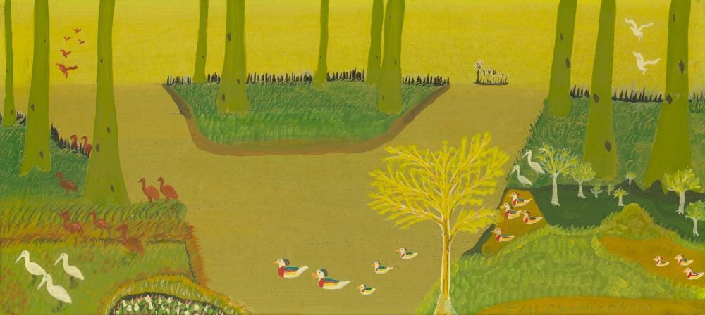 Earl Cunningham comparable auction result: earl cunningham 1893 1978 bird s day out 6 1 2 x 13 7 8 in 16 5 x 35 2 cm