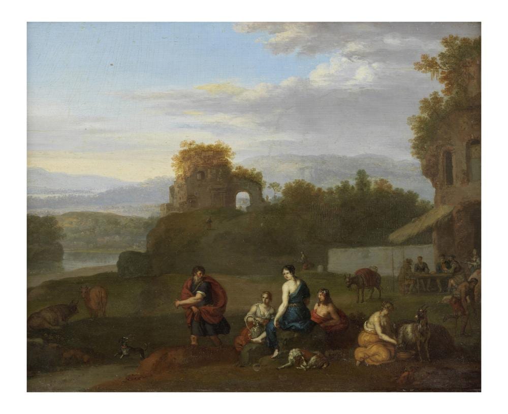 Daniel Vertangen comparable auction result: daniel vertangen la haye circa 1598 circa 1684 amsterdam paysage d arcadie anim arcadian landscape with figures