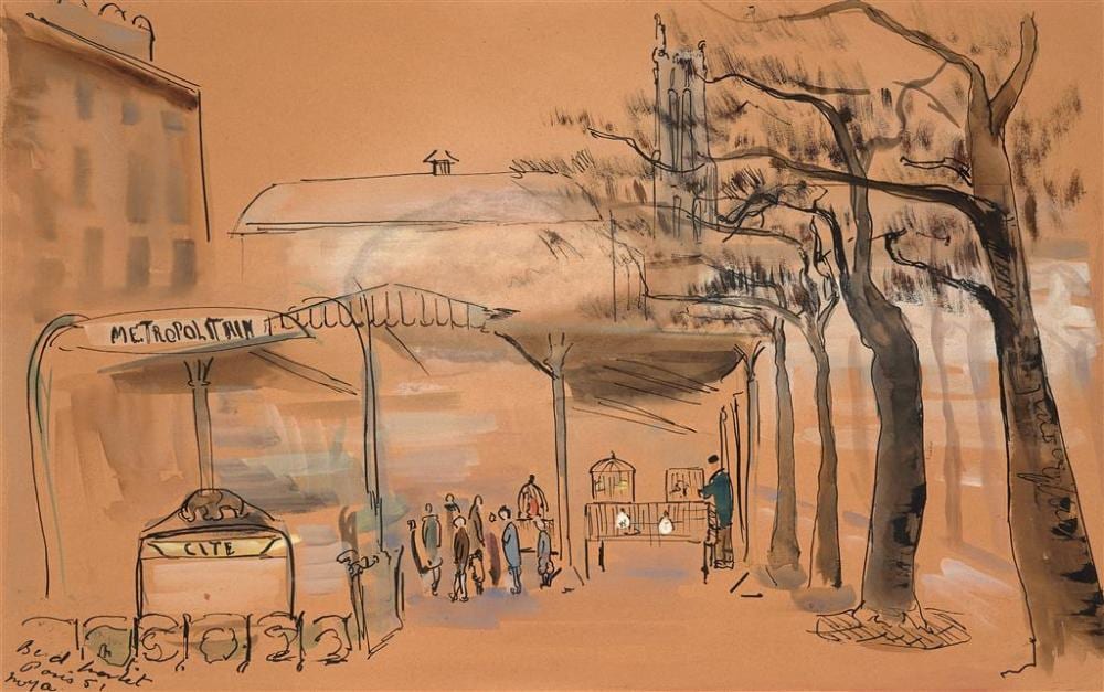 Moya Dyring comparable auction result: moya dyring 1908 1967 bird market paris 1951 ink and gouache 30 5 x 49 cm frame 52 x 68 x 3 cm signed dated and titled lower