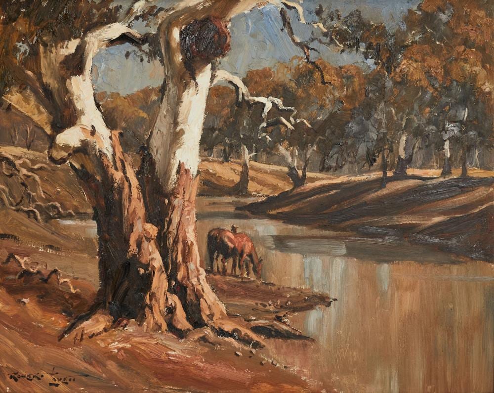 Robert Lovett comparable auction result: robert lovett born 1930 the narran river oil on board
