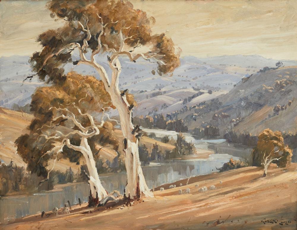 Robert Lovett comparable auction result: robert lovett born 1930 the murrumbidgee oil on board