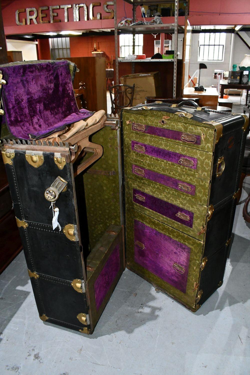 Antique Steamer Trunk Wardrobe/Cabin Wardrobe by Meyering, Chicago - fully lined interior with 5 assorted drawers with internal storage compartments and lift out trays, 108cm high x 57cm wide x 62cm deep sold by Bargain Hunt Auctions, lot 70 — auction record photograph