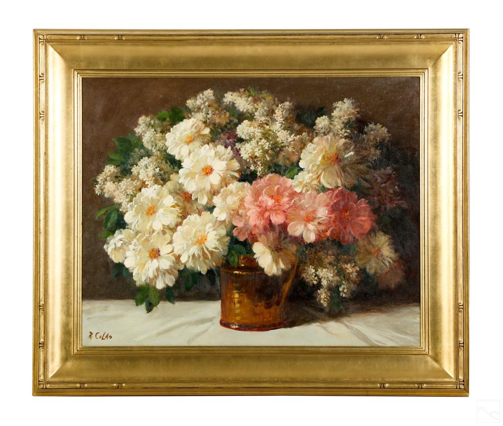 Framed oil painting of a floral still life with white, pink, and orange blossoms in a brown vase on a light cloth background.