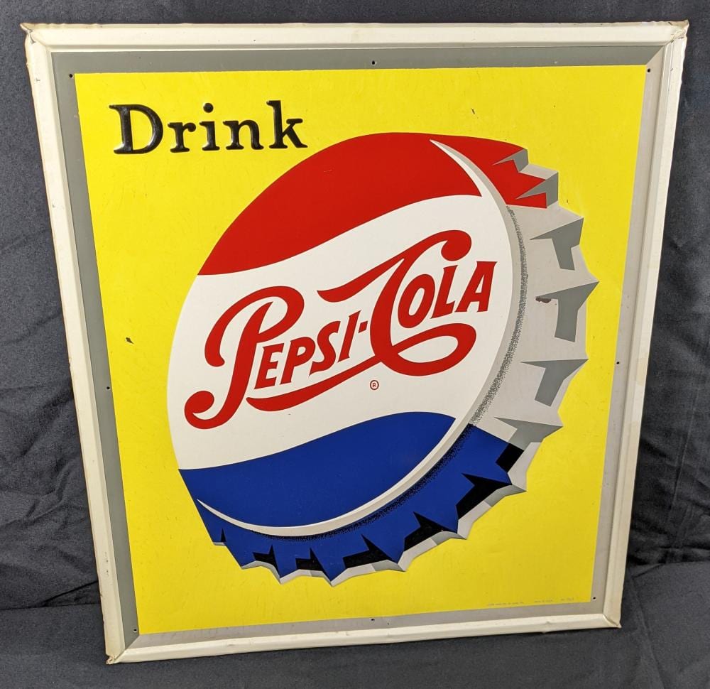 EMBOSSED TIN SIGN DRINK PEPSI COLA SODA BOTTLE CAP sold by Millers Auction Co., lot 203 — auction record photograph