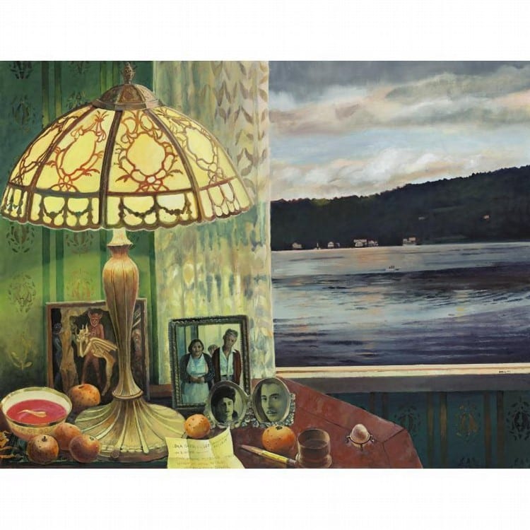 Elena Climent comparable auction result: elena climent b 1955 mesa con objetos y vista al lago al atardecer