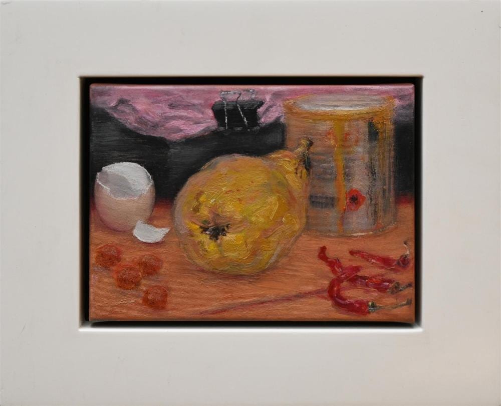 Janet Dawson comparable auction result: janet dawson quinces with chillies 1997 oil on canvas 20 x 15cm frame size 31 x 26cm provenance the national australia ban