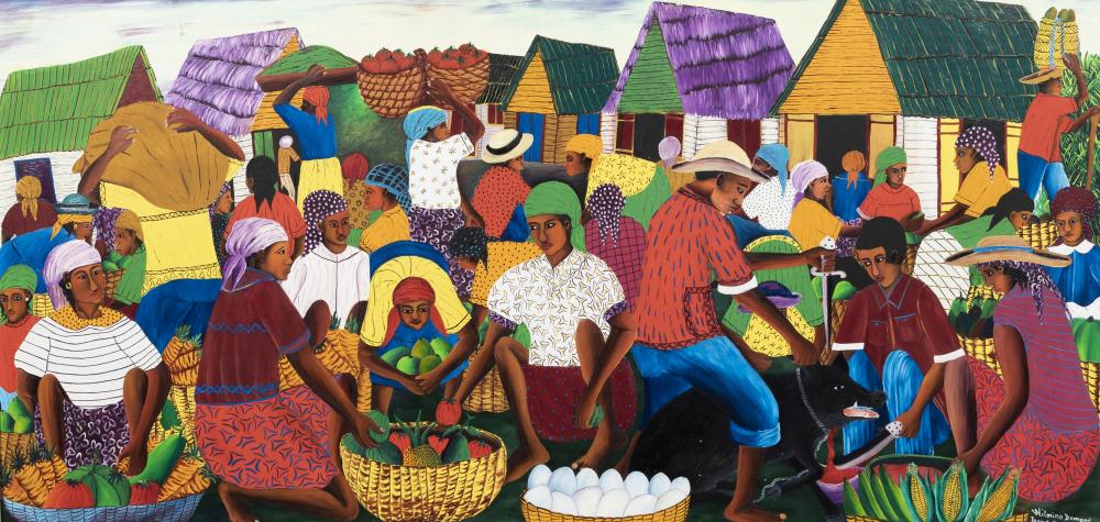 Wilmino Domond comparable auction result: wilmino domond haitian 1928 2006 market scene framed 30 1 4 x 54 1 2 in