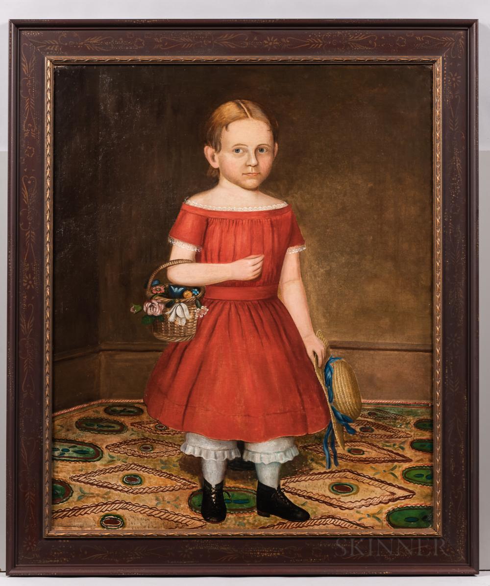 Attributed to Deacon Robert Peckham (American, 1785-1877) Portrait of Girl in a Red Dress Holding a Basket of Flowers and Hat 32 x 28 in., canvas sold by Bonhams, lot 165 — auction record photograph