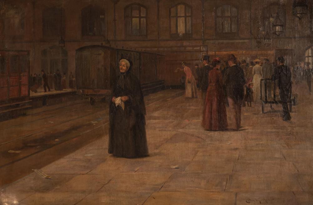 Duncan Mackellar comparable auction result: duncan mackellar 1849 1908 train passengers waiting on the platform oil on canvas 68 x 92 cm
