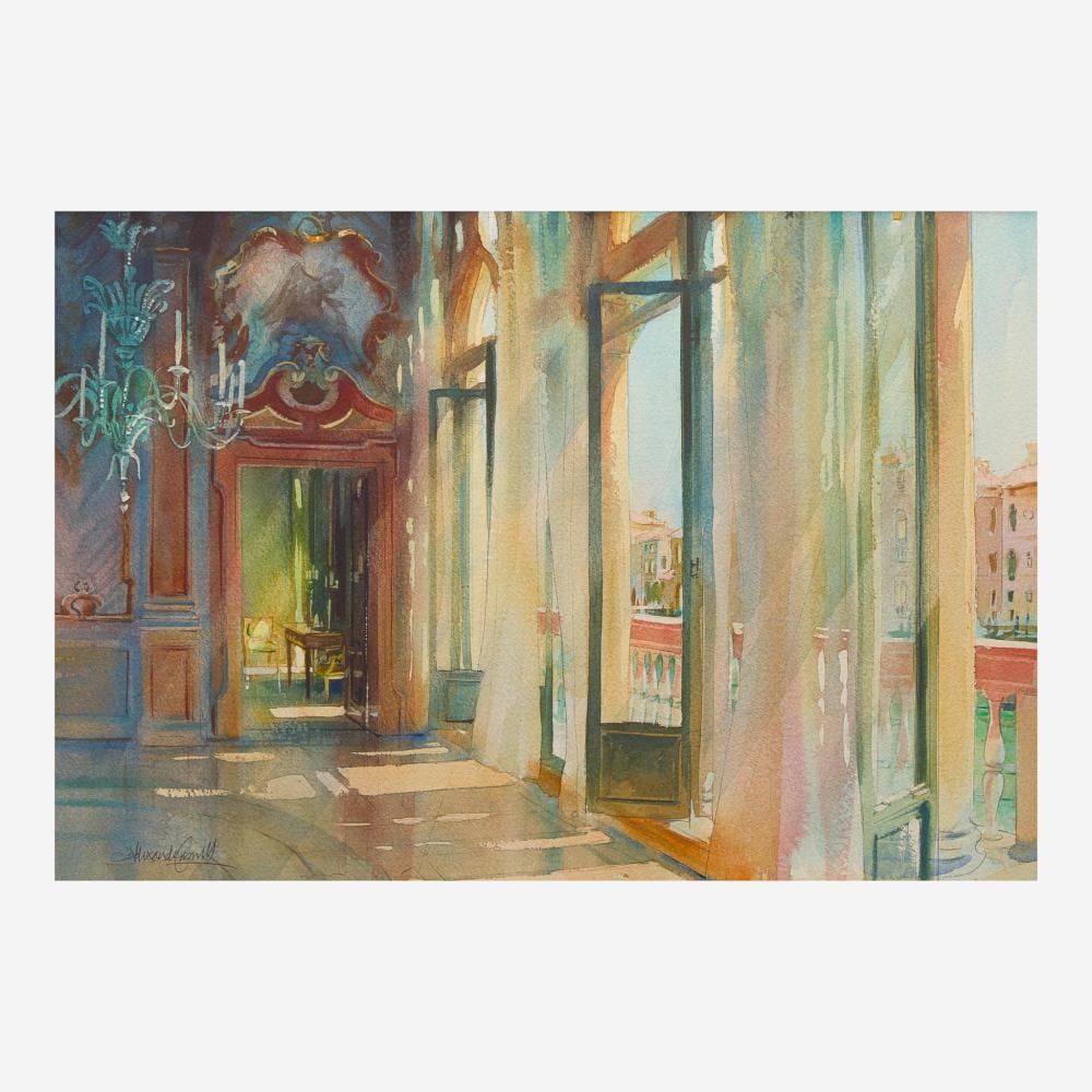 Alexander Creswell comparable auction result: alexander creswell american b 1957 american school 20th century portego in palazzo pisani moretta venice italy beach at dusk