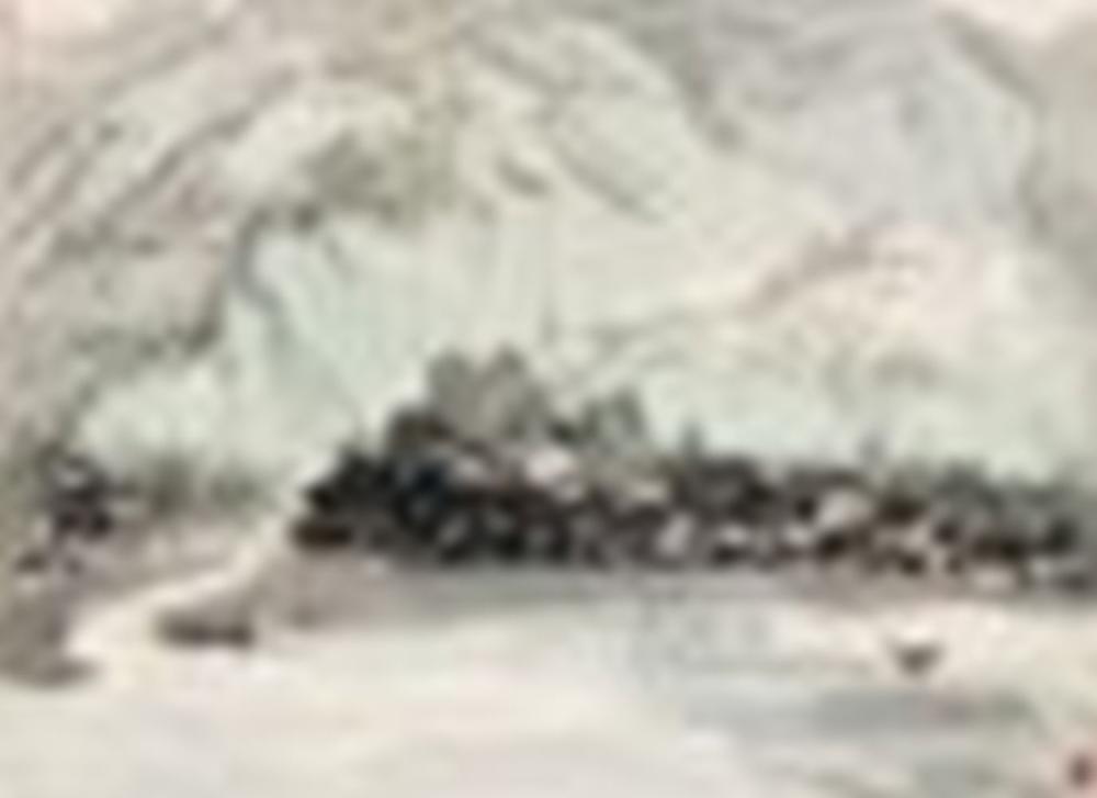 Wu Guanzhong (1919-2010) Village by River Scroll, mounted and framed, ink a comparable sale