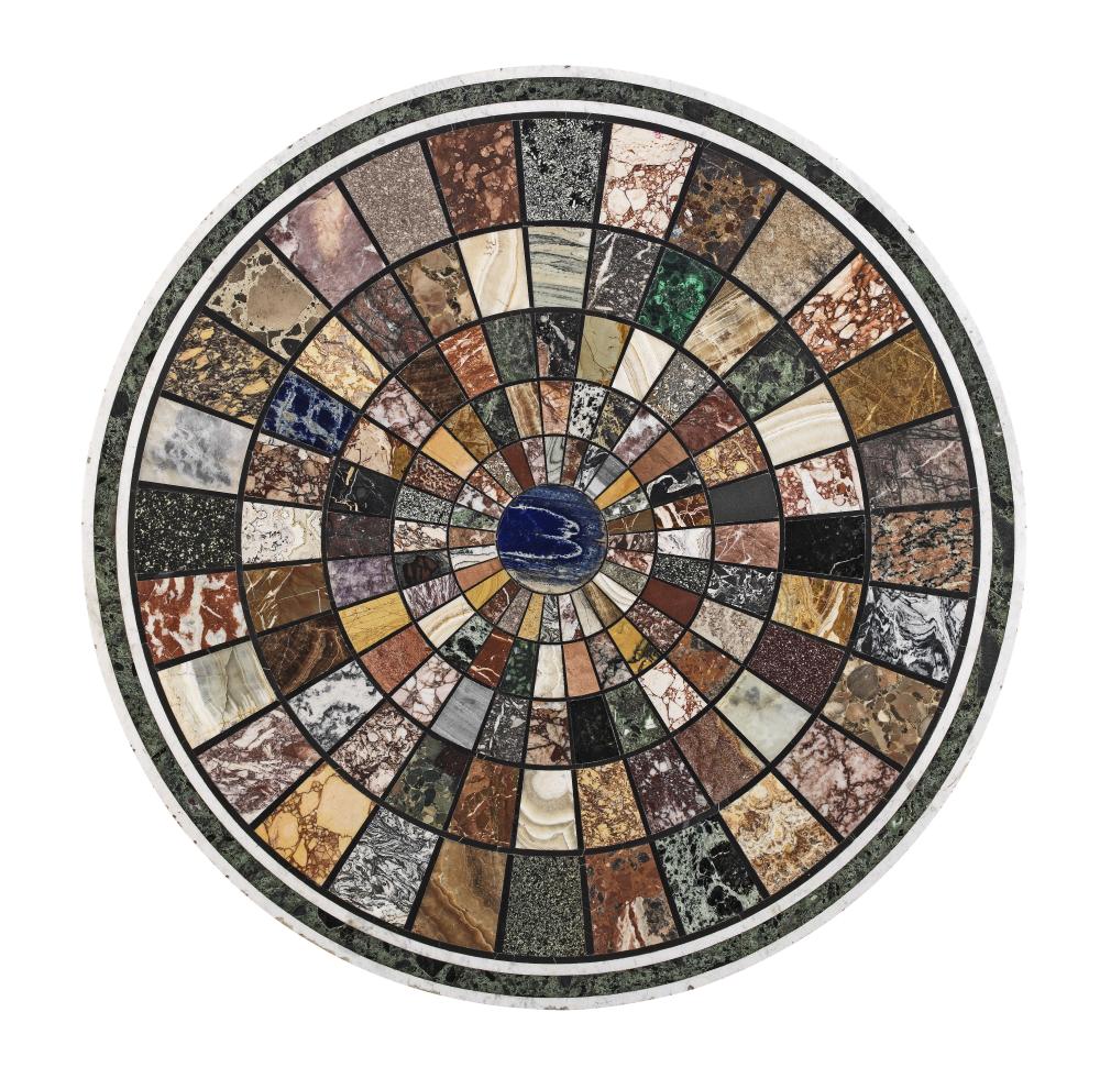 OF GRAND TOUR INTEREST - A Regency or George IV mahogany centre table with an Italian early 19th century specimen marble and hardstone top the specimen top circa 1815, the table 1820-1825 and almost certainly Scottish or Irish in origin sold by Bonhams, lot 15 — auction record photograph
