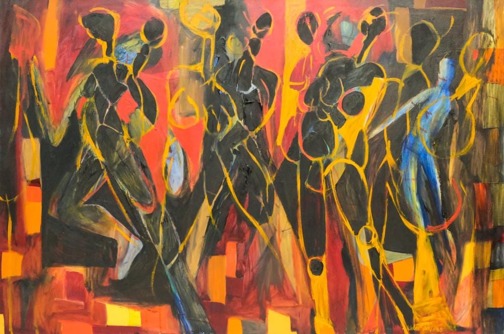 Arnold Weber comparable auction result: arnold weber abstract crowd with running figure