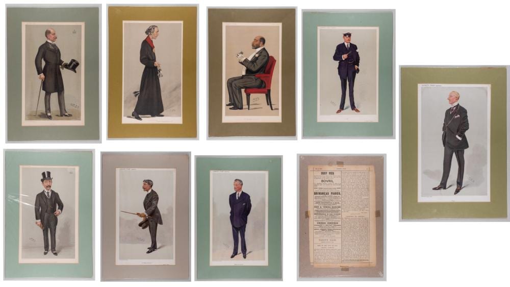 Nine framed vintage Vanity Fair–style caricature prints of men in suits, each portrait shown full-length and posed in different activities.