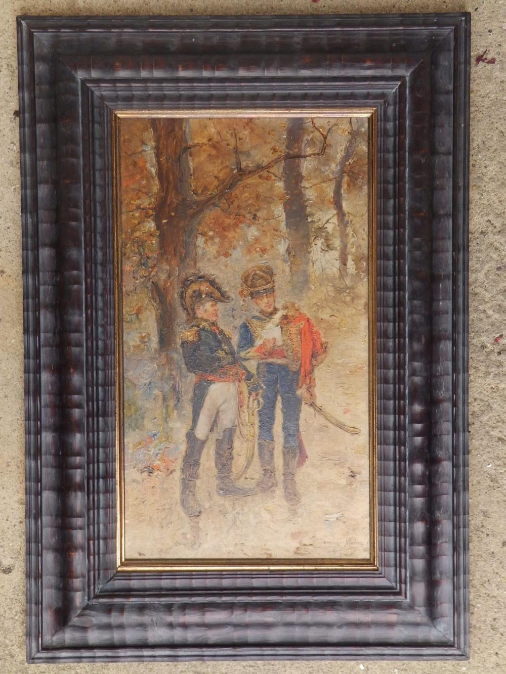 Domingo Munoz Cuesta comparable auction result: domingo munoz cuesta spanish 1850 1935 oil on panel two officers in conversation beneath autum